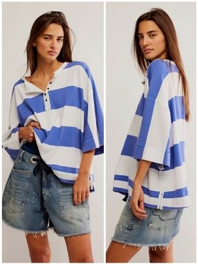 Free People Oversized Cotton Blue White Wonderful Tee Top, L